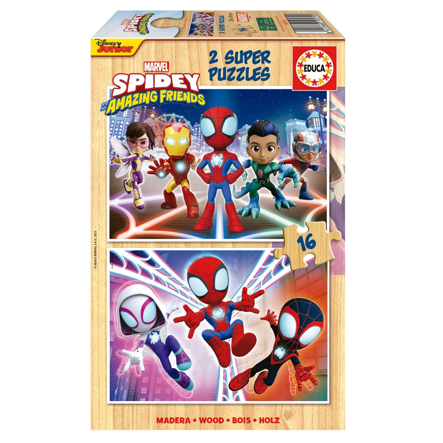 EDUCA Spidey & His Amazing Friends Wooden Puzzle 2×16 - 3Y+