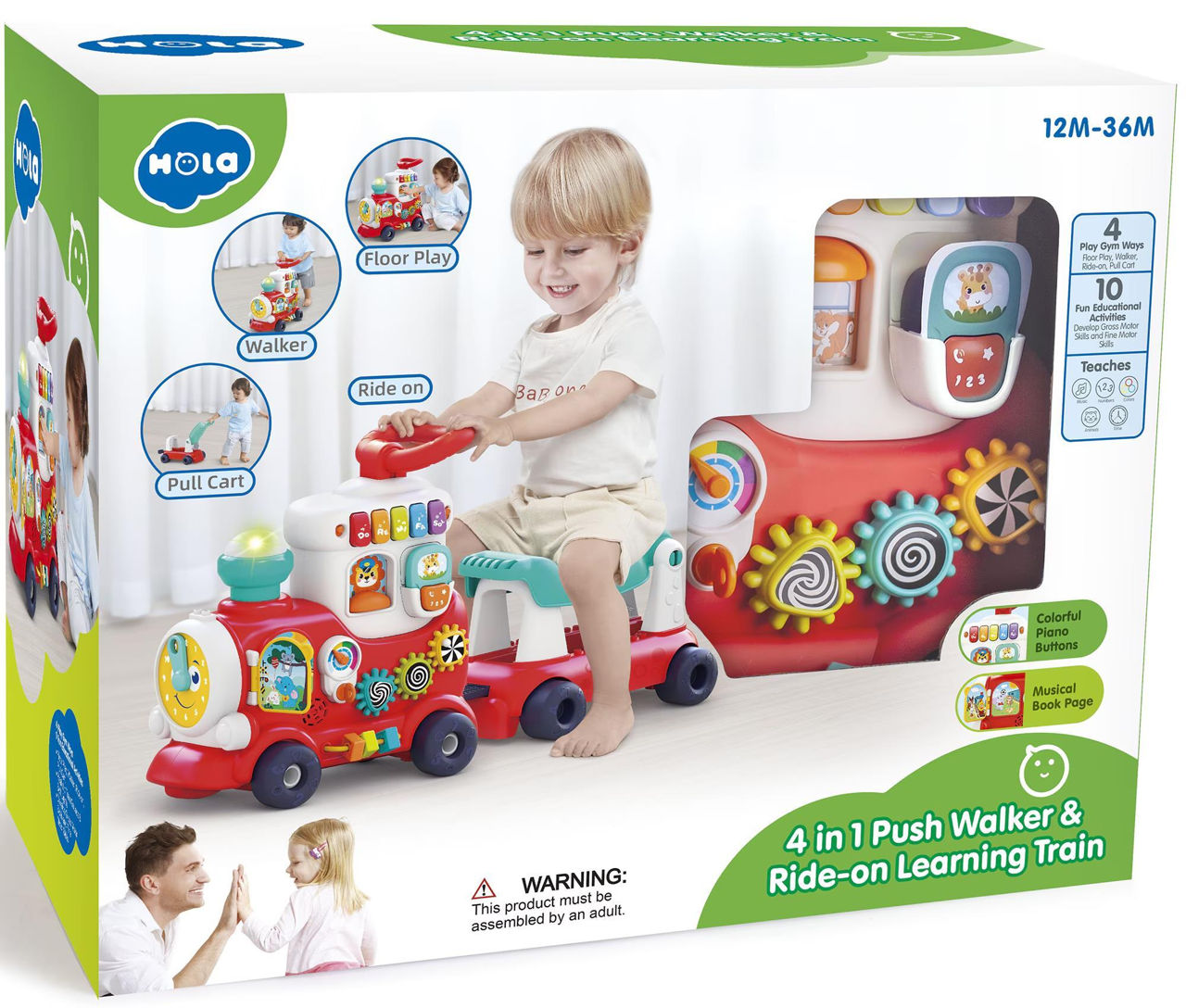 HOLA 4 IN 1 Push Walker and Ride-on Learning Train