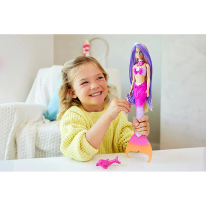 Barbie Mermaid Doll, Malibu with Pink Hair, Styling Accessories, Pet Dolphin and Water-Activated Color Change Feature Multicolor - 3Y+