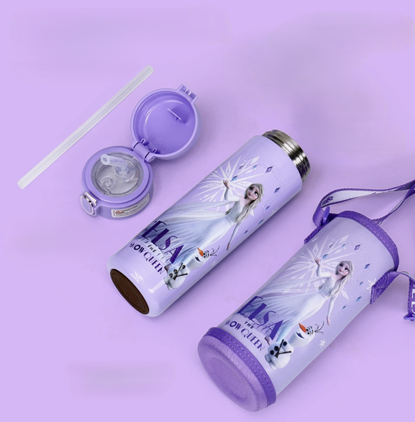 Elsa Frozen Kids Stainless Steel Insulated Water Bottle (Straw Lid) with Protective Sleeve - 500mL