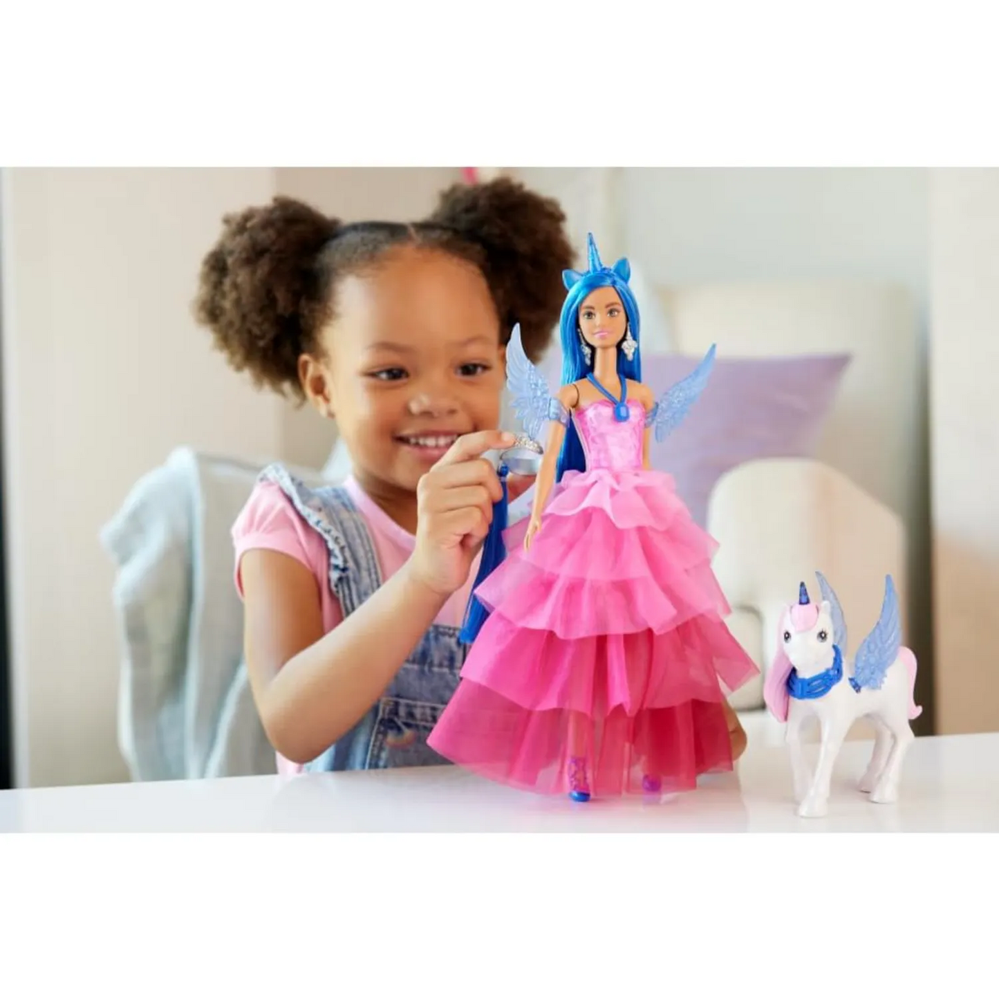 Barbie Unicorn Toy, Doll with Blue Hair, Pink Gown and Accessories Like Sapphire Wings and Pet Alicorn - 3Y+