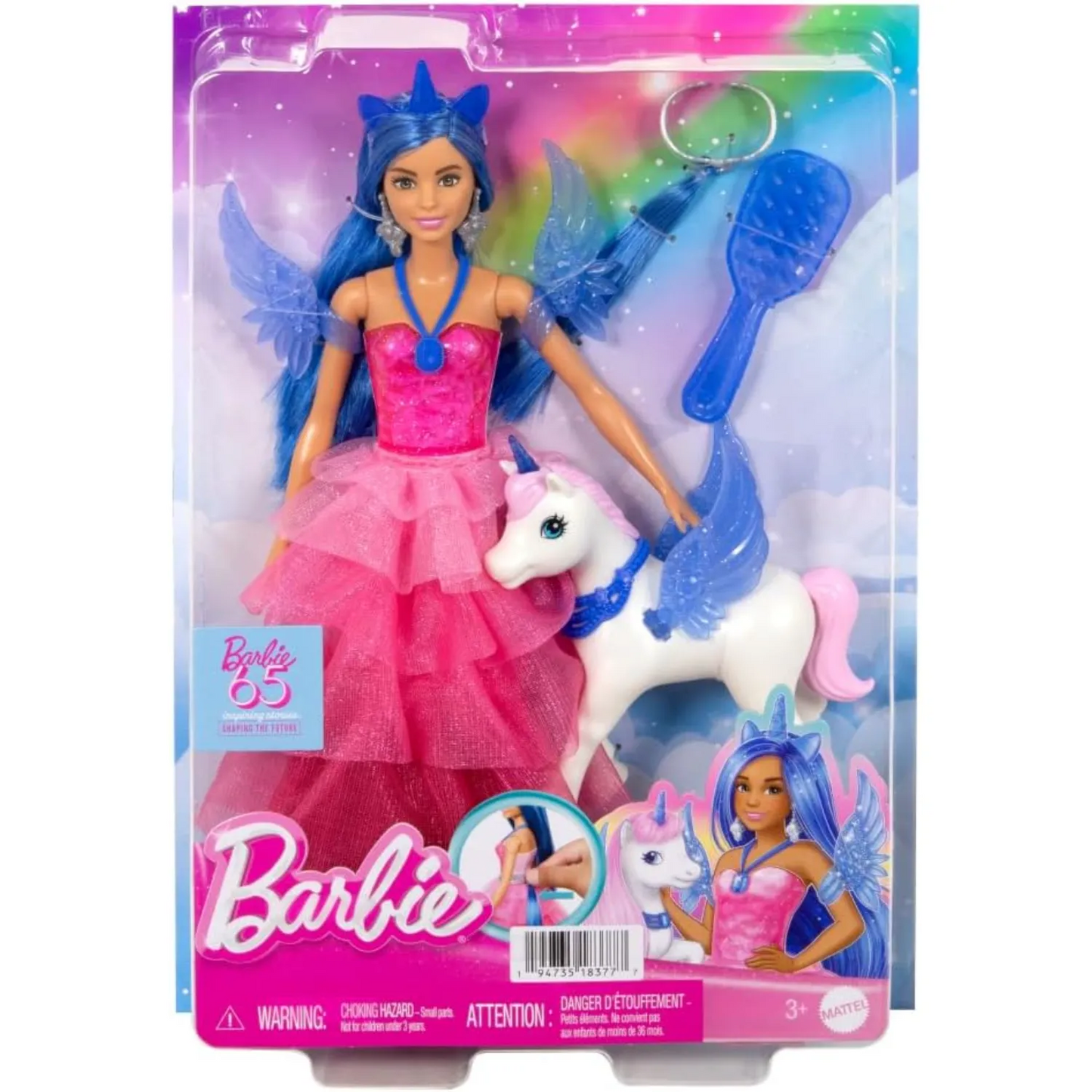 Barbie Unicorn Toy, Doll with Blue Hair, Pink Gown and Accessories Like Sapphire Wings and Pet Alicorn - 3Y+