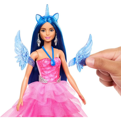 Barbie Unicorn Toy, Doll with Blue Hair, Pink Gown and Accessories Like Sapphire Wings and Pet Alicorn - 3Y+