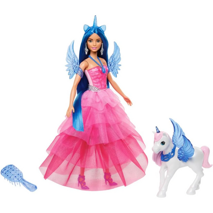 Barbie Unicorn Toy, Doll with Blue Hair, Pink Gown and Accessories Like Sapphire Wings and Pet Alicorn - 3Y+