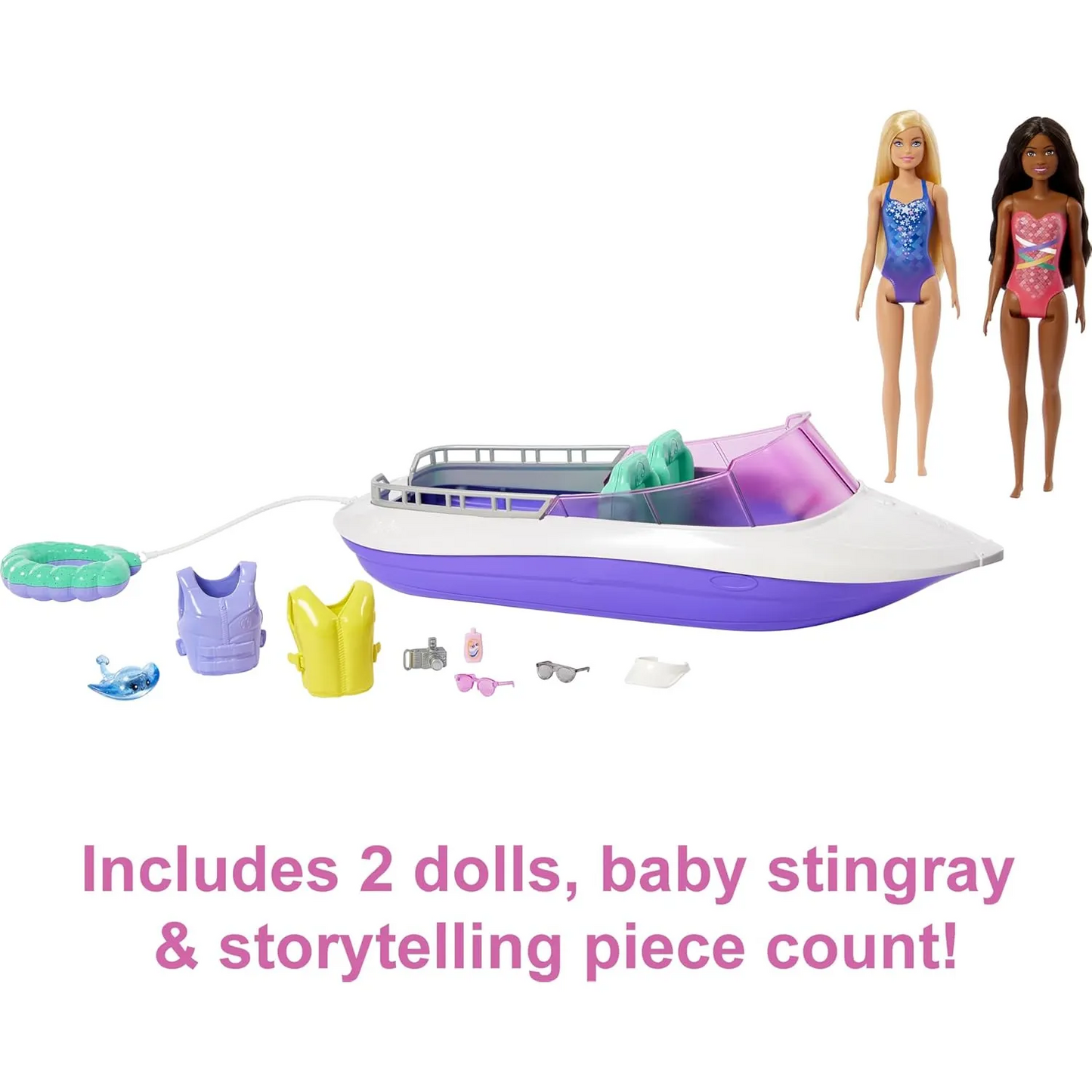 Barbie Mermaid Power Dolls & Toy Boat Playset, "Malibu" & "Brooklyn" in Floating Boat with See-Through Bottom & Accessories - 3Y+