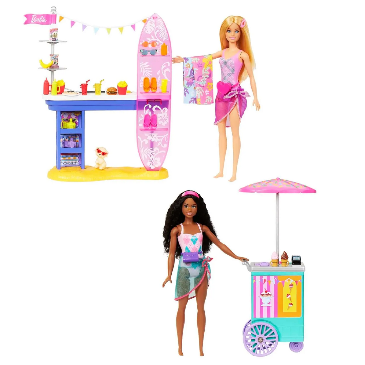 Barbie Beach Boardwalk with Barbie “Brooklyn” & “Malibu” Dolls, Food Stand, Kiosk & 30+ Accessories - 3Y+