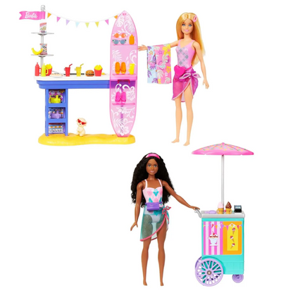 Barbie Beach Boardwalk with Barbie “Brooklyn” & “Malibu” Dolls, Food Stand, Kiosk & 30+ Accessories - 3Y+