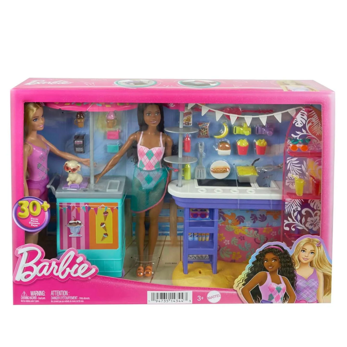 Barbie Beach Boardwalk with Barbie “Brooklyn” & “Malibu” Dolls, Food Stand, Kiosk & 30+ Accessories - 3Y+