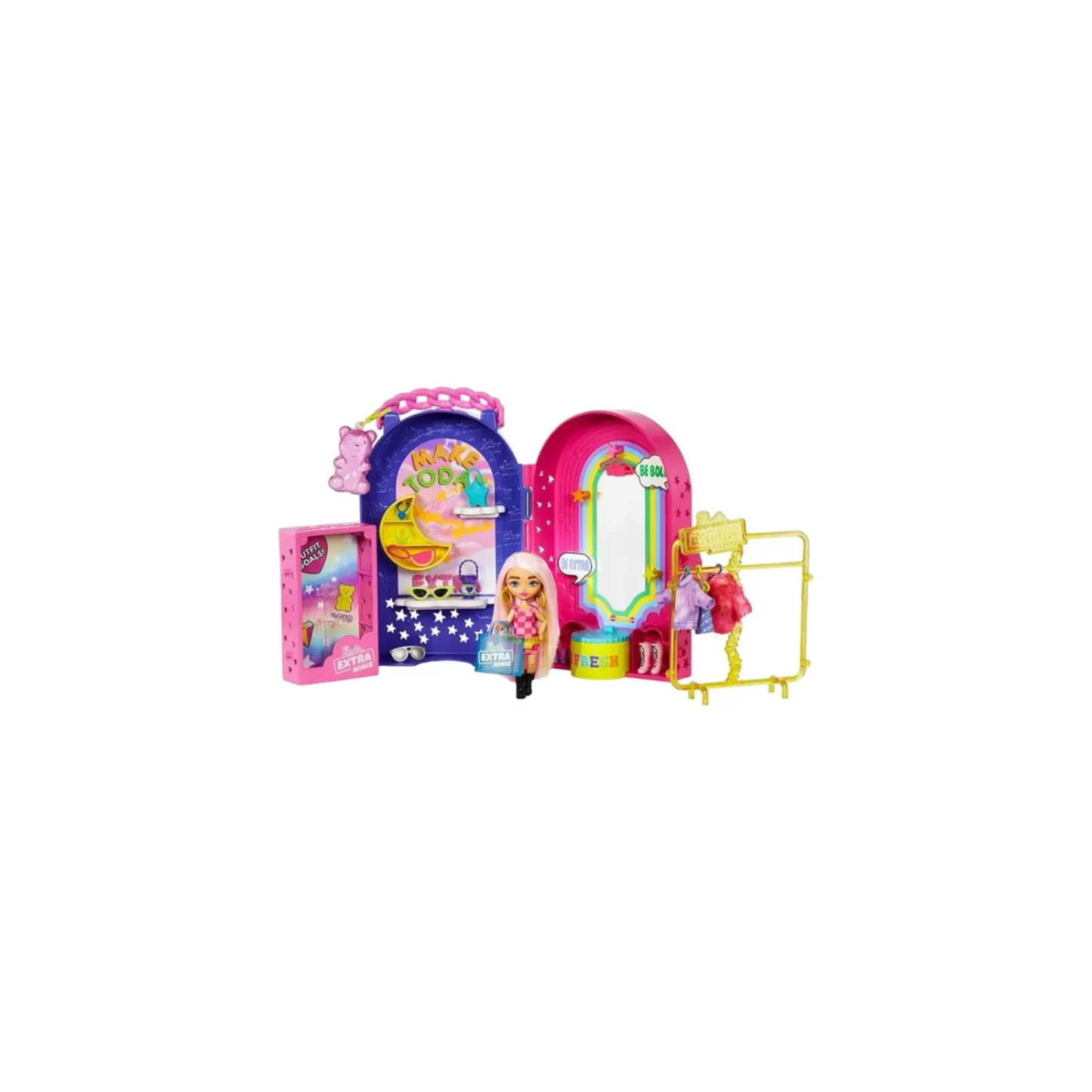 Barbie Extra Minis Doll & Fashion Playset with 15+ Pieces, Boutique with Small Doll, Clothes & Accessories Including Gummy Bear Keychain - 3Y+