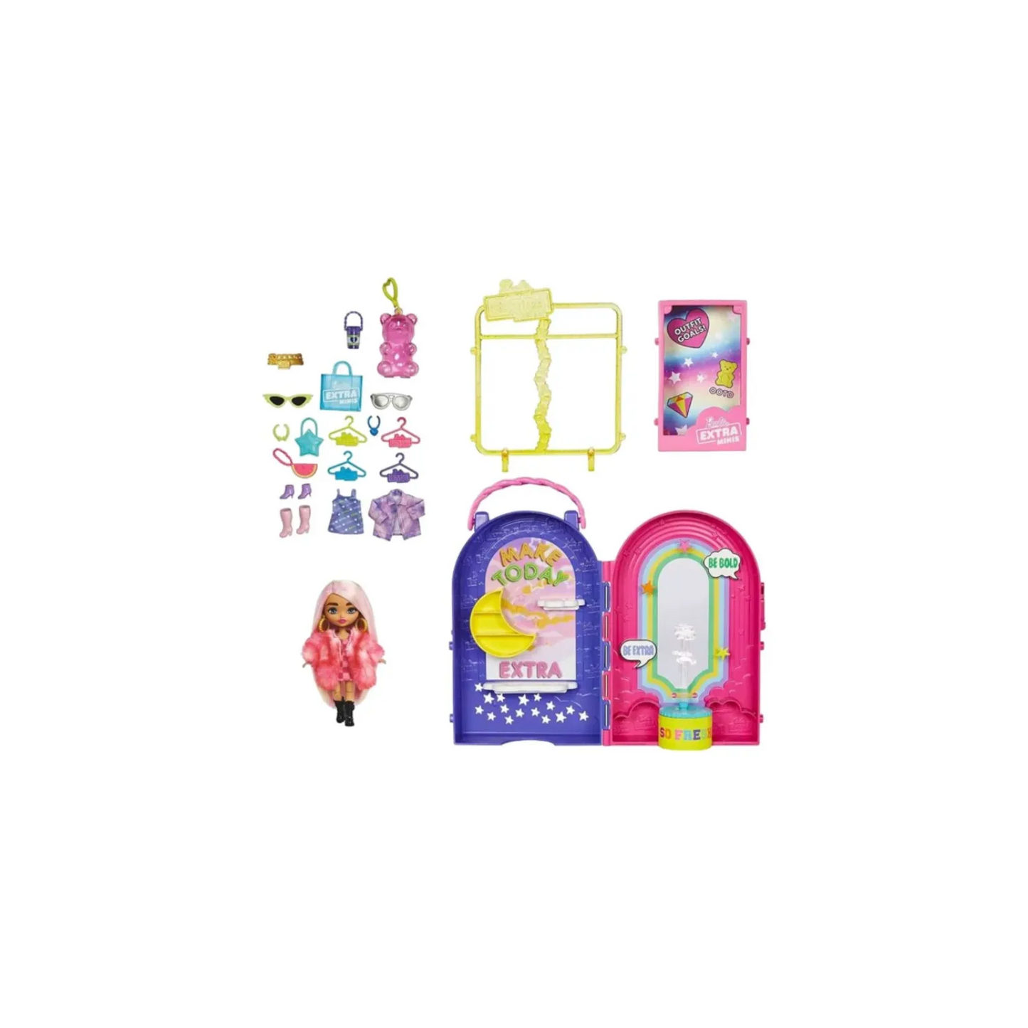Barbie Extra Minis Doll & Fashion Playset with 15+ Pieces, Boutique with Small Doll, Clothes & Accessories Including Gummy Bear Keychain - 3Y+