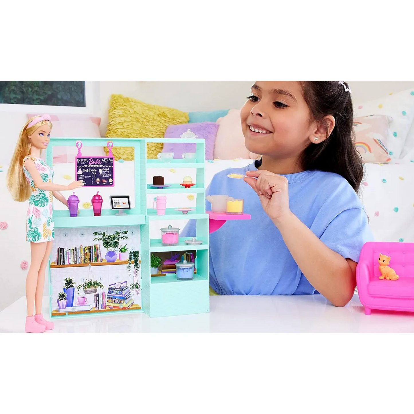 Barbie Cute & Cozy Cafe Doll and Playset 21 Accessories with Color Change Teapot - 5Y+