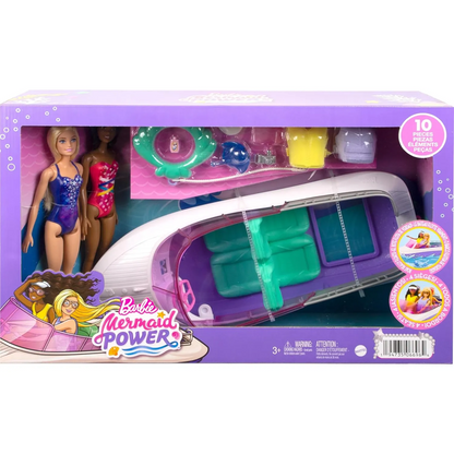 Barbie Mermaid Power Dolls & Toy Boat Playset, "Malibu" & "Brooklyn" in Floating Boat with See-Through Bottom & Accessories - 3Y+