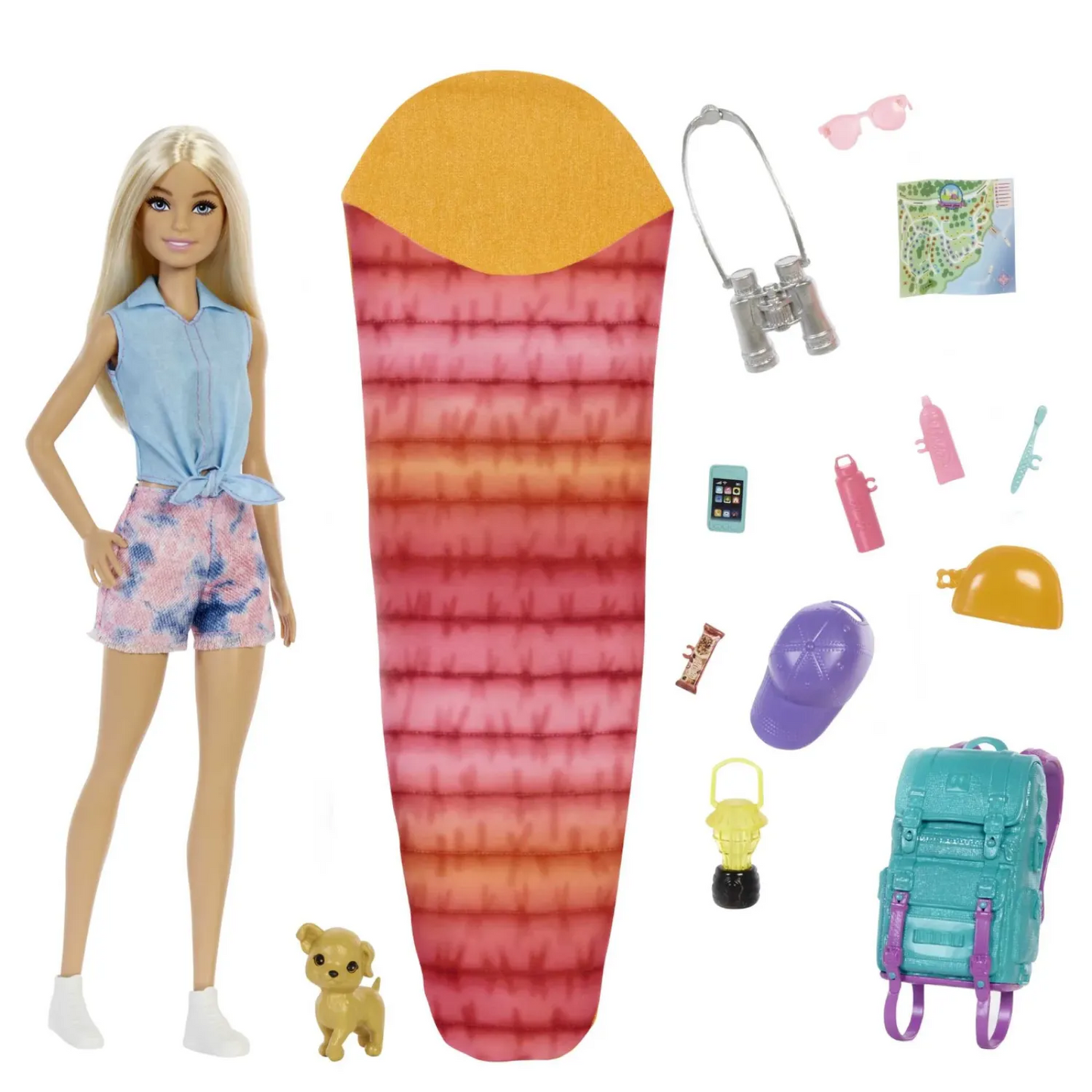 Barbie Malibu Doll & 10+ Accessories, Camping-Theme Set with Puppy, Sleeping Bag & More - 3Y+