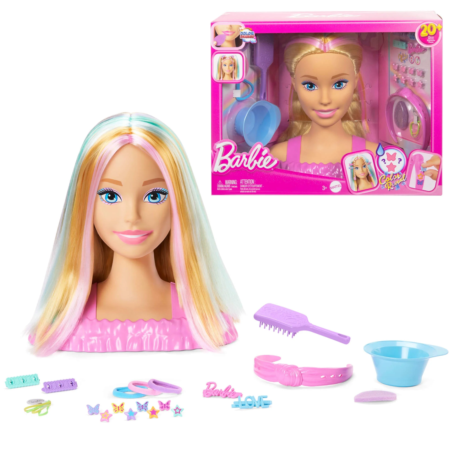Barbie Color Reveal - Blonde Hair Styling Head, Pastel Highlights - Over 20 Hair Accessories - 3Y+