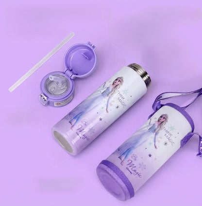 Elsa Frozen Kids Stainless Steel Insulated Water Bottle (Straw Lid) with Protective Sleeve - 500mL
