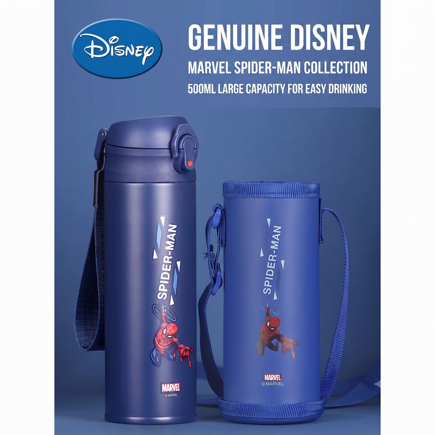 Spiderman Kids Stainless Steel Insulated Water Bottle (Straw Lid) with Protective Sleeve - 500mL
