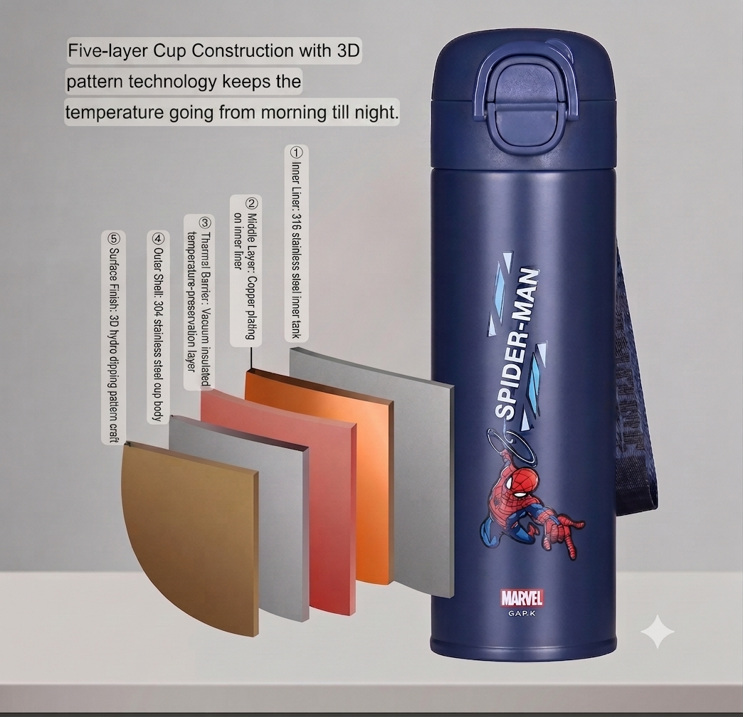 Spiderman Kids Stainless Steel Insulated Water Bottle (Straw Lid) with Protective Sleeve - 500mL