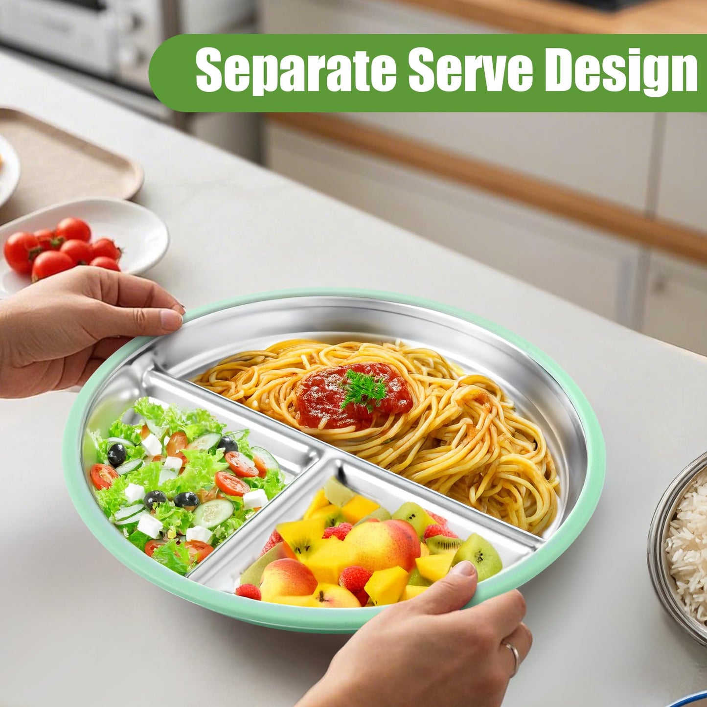 Stainless Steel Divided Plate and Bowl with Suciton and Cutlery Set (4 pcs)