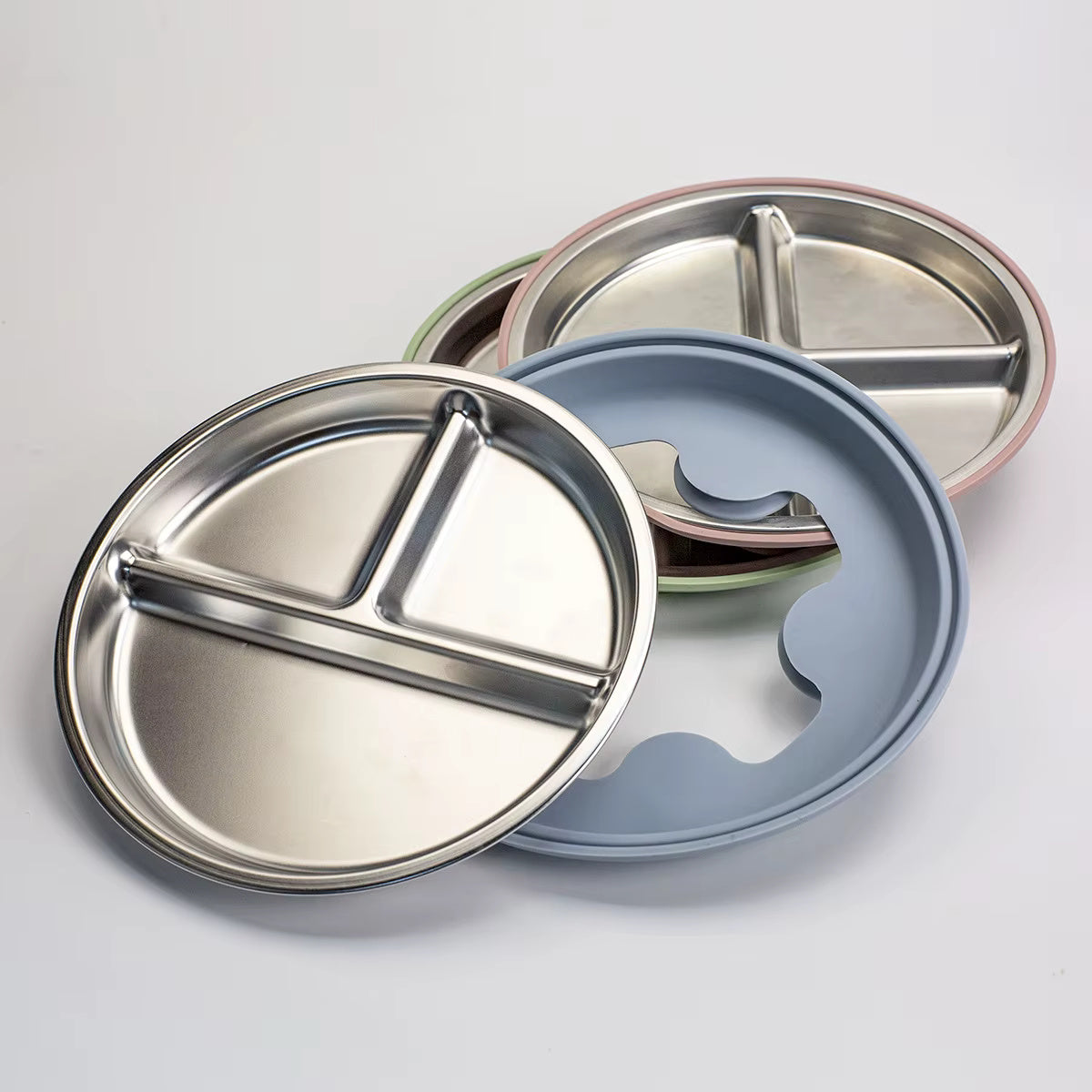 Stainless Steel Divided Plate and Bowl with Suciton and Cutlery Set (4 pcs)