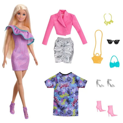 Barbie Fashion Doll With Clothes And Accessories including Party Dresses & Purses (3 Outfits) - 3Y+
