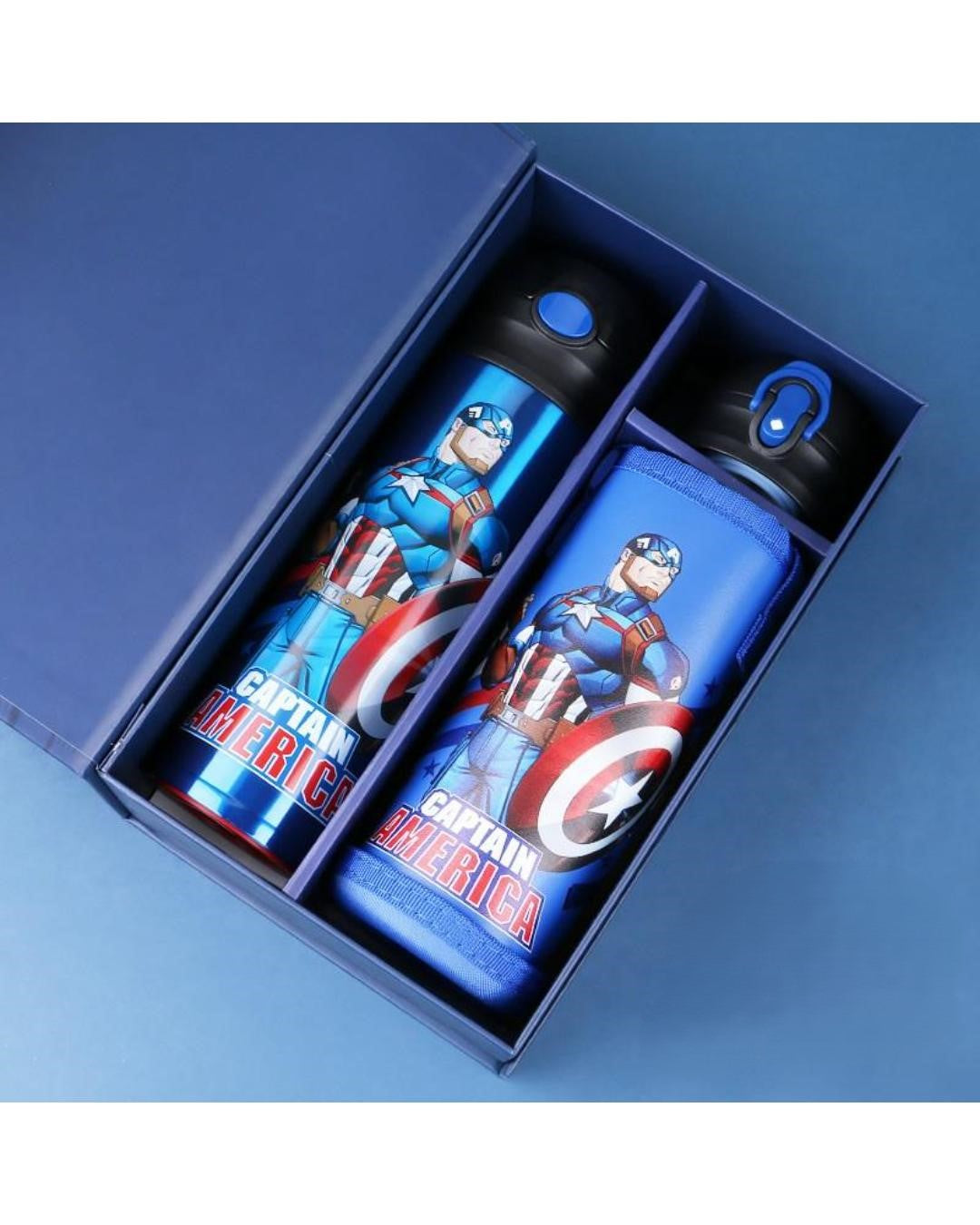 Captain America Kids Stainless Steel Vacuum Insulated Water Bottle with Dual Drinking Lid & Protective Sleeve - 500mL