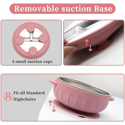 Stainless Steel Divided Plate and Bowl with Suciton and Cutlery Set (4 pcs)