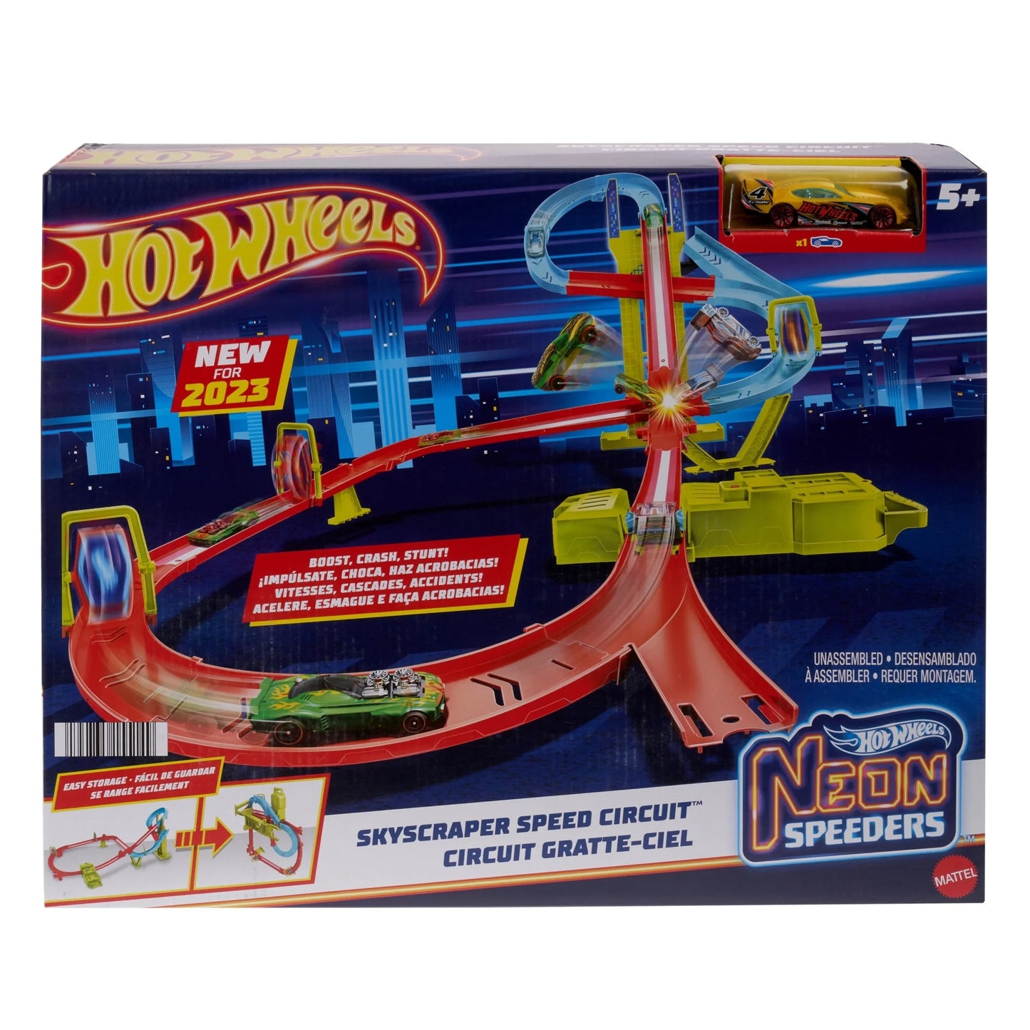 Hot Wheels Track Set, Neon Speeders Skyscraper Speed Circuit with 1 Hot Wheels Car - 5Y+