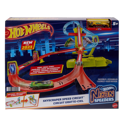 Hot Wheels Track Set, Neon Speeders Skyscraper Speed Circuit with 1 Hot Wheels Car - 5Y+