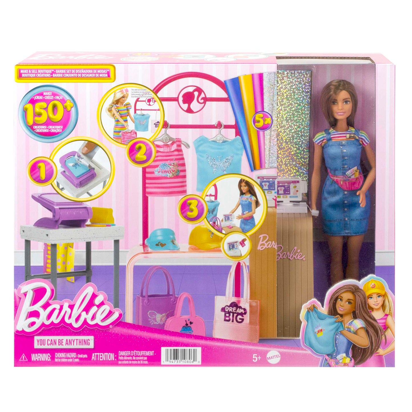 Barbie Make & Sell Boutique Playset With Brunette Doll, Foil Design Tools, Clothes & Accessories - 5Y+