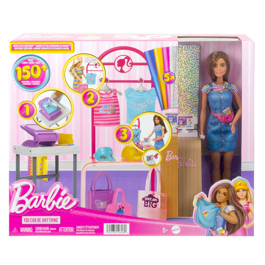 Barbie Make & Sell Boutique Playset With Brunette Doll, Foil Design Tools, Clothes & Accessories - 5Y+