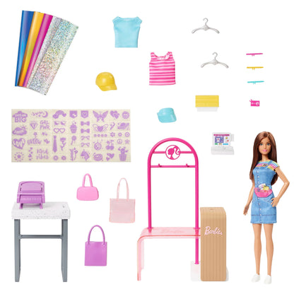 Barbie Make & Sell Boutique Playset With Brunette Doll, Foil Design Tools, Clothes & Accessories - 5Y+