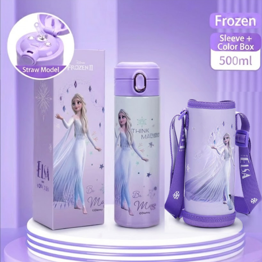 Elsa Frozen Kids Stainless Steel Insulated Water Bottle (Straw Lid) with Protective Sleeve - 500mL