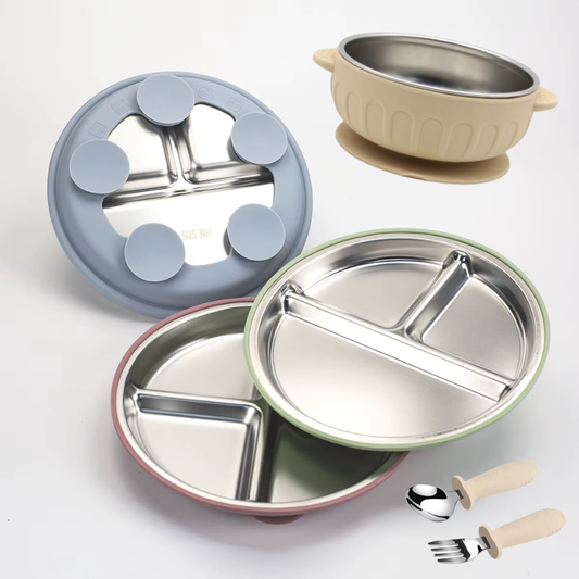 Stainless Steel Divided Plate and Bowl with Suciton and Cutlery Set (4 pcs)