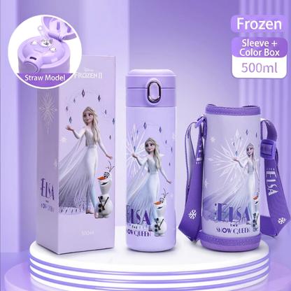 Elsa Frozen Kids Stainless Steel Insulated Water Bottle (Straw Lid) with Protective Sleeve - 500mL