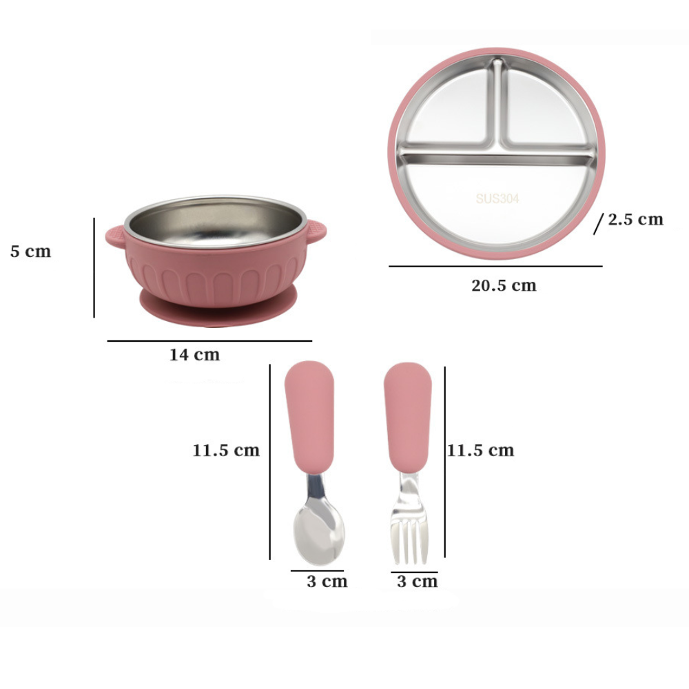 Stainless Steel Divided Plate and Bowl with Suciton and Cutlery Set (4 pcs)