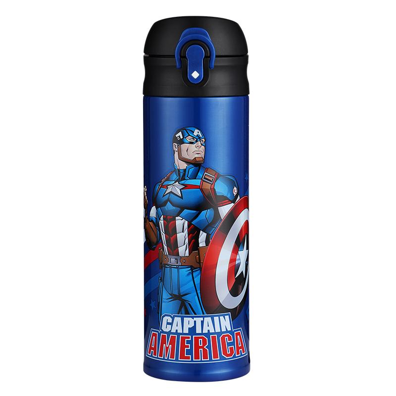 Captain America Kids Stainless Steel Vacuum Insulated Water Bottle with Dual Drinking Lid & Protective Sleeve - 500mL