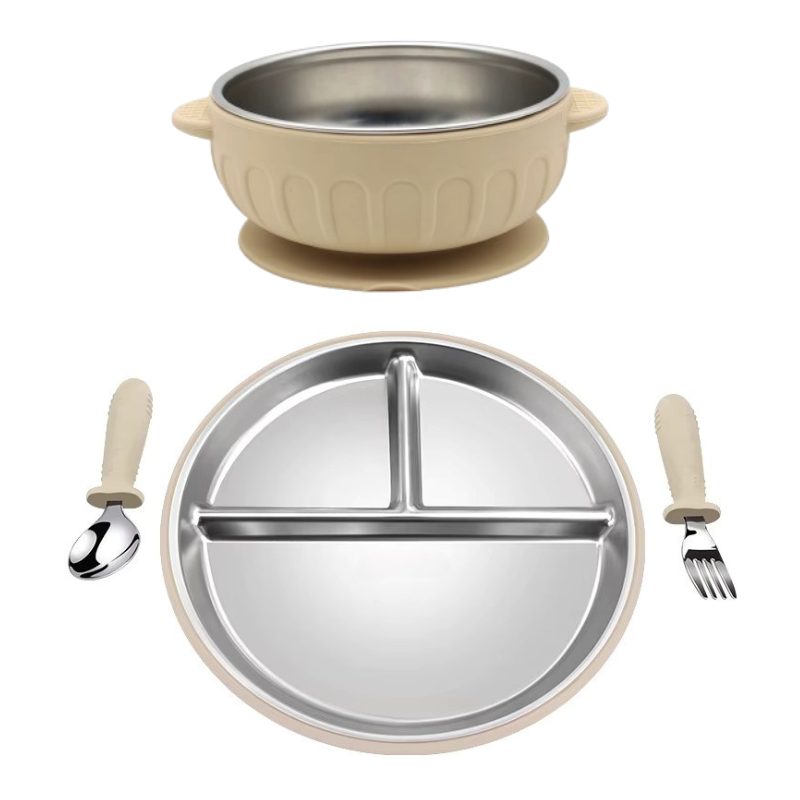Stainless Steel Divided Plate and Bowl with Suciton and Cutlery Set (4 pcs)