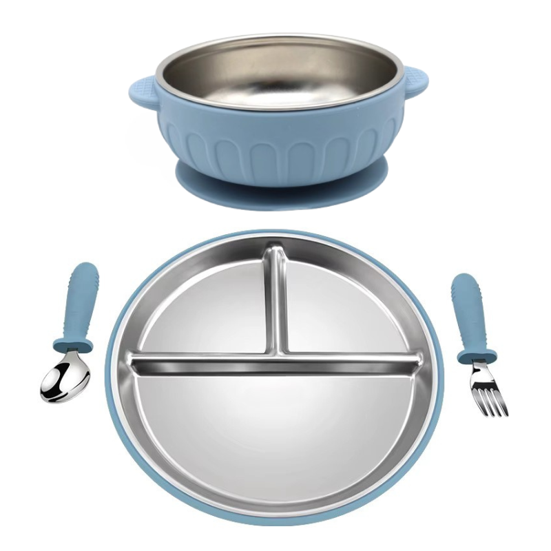 Stainless Steel Divided Plate and Bowl with Suciton and Cutlery Set (4 pcs)