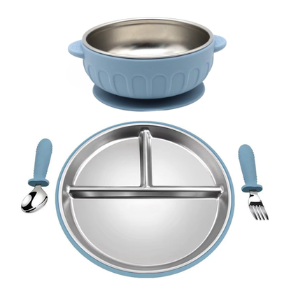 Stainless Steel Divided Plate and Bowl with Suciton and Cutlery Set (4 pcs)