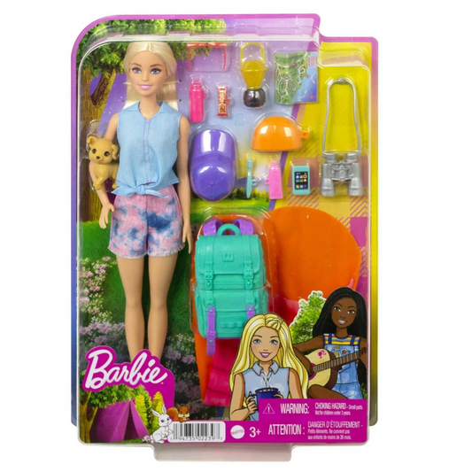 Barbie Malibu Doll & 10+ Accessories, Camping-Theme Set with Puppy, Sleeping Bag & More - 3Y+