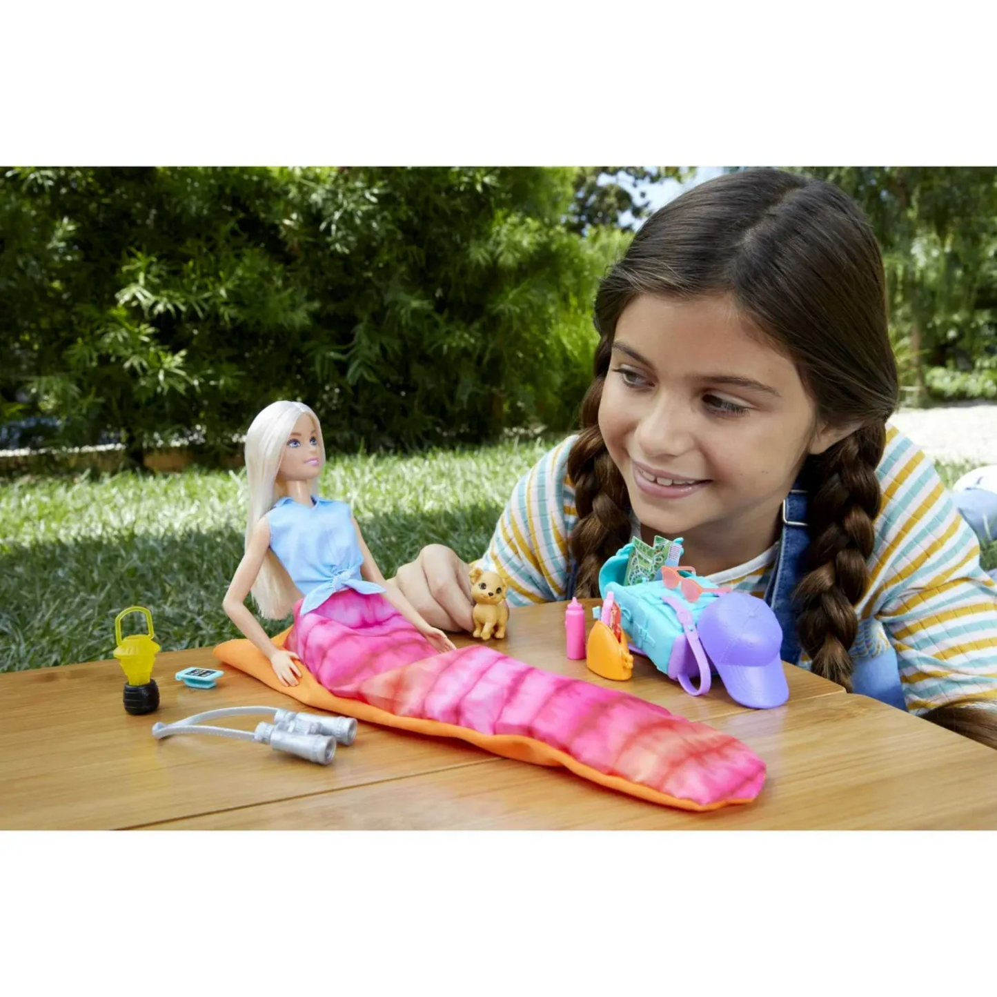 Barbie Malibu Doll & 10+ Accessories, Camping-Theme Set with Puppy, Sleeping Bag & More - 3Y+