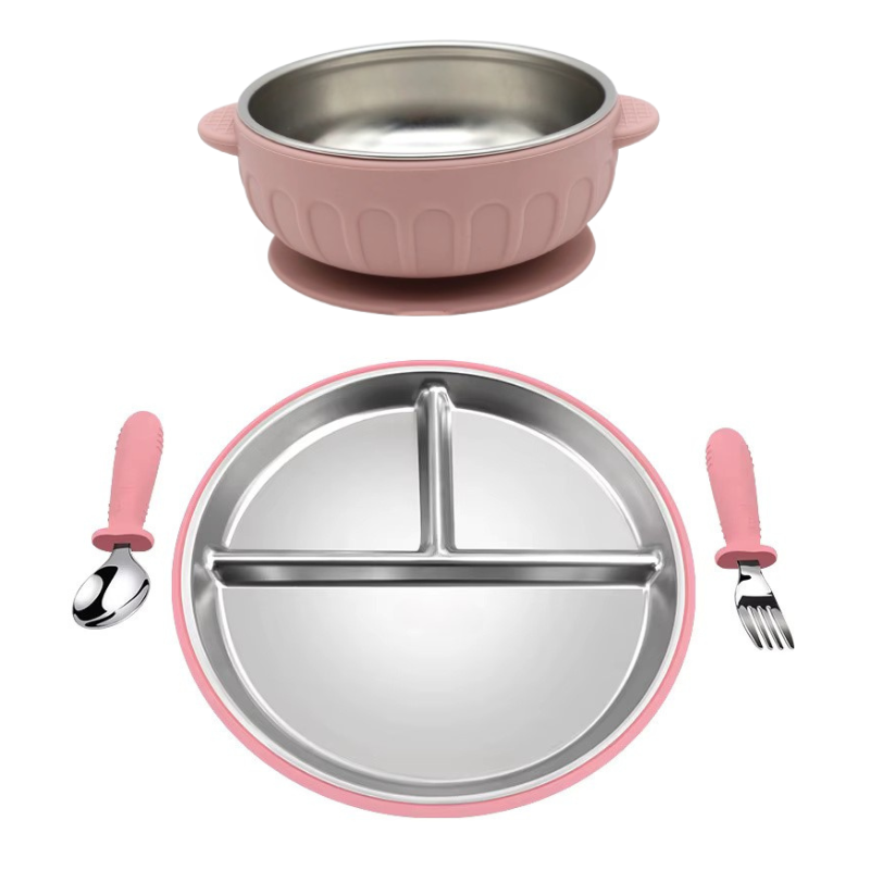 Stainless Steel Divided Plate and Bowl with Suciton and Cutlery Set (4 pcs)