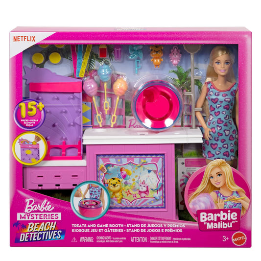 Barbie Mysteries: Beach Detectives Malibu Doll, Cotton Candy Game Playset & Accessories - 3Y+