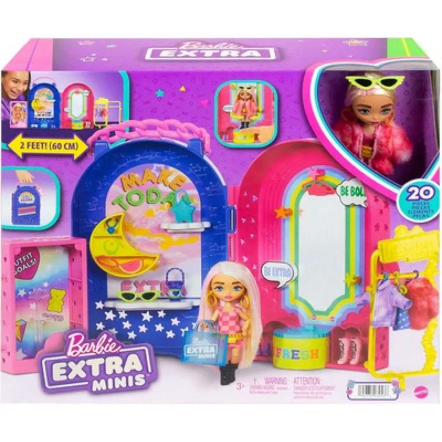 Barbie Extra Minis Doll & Fashion Playset with 15+ Pieces, Boutique with Small Doll, Clothes & Accessories Including Gummy Bear Keychain - 3Y+